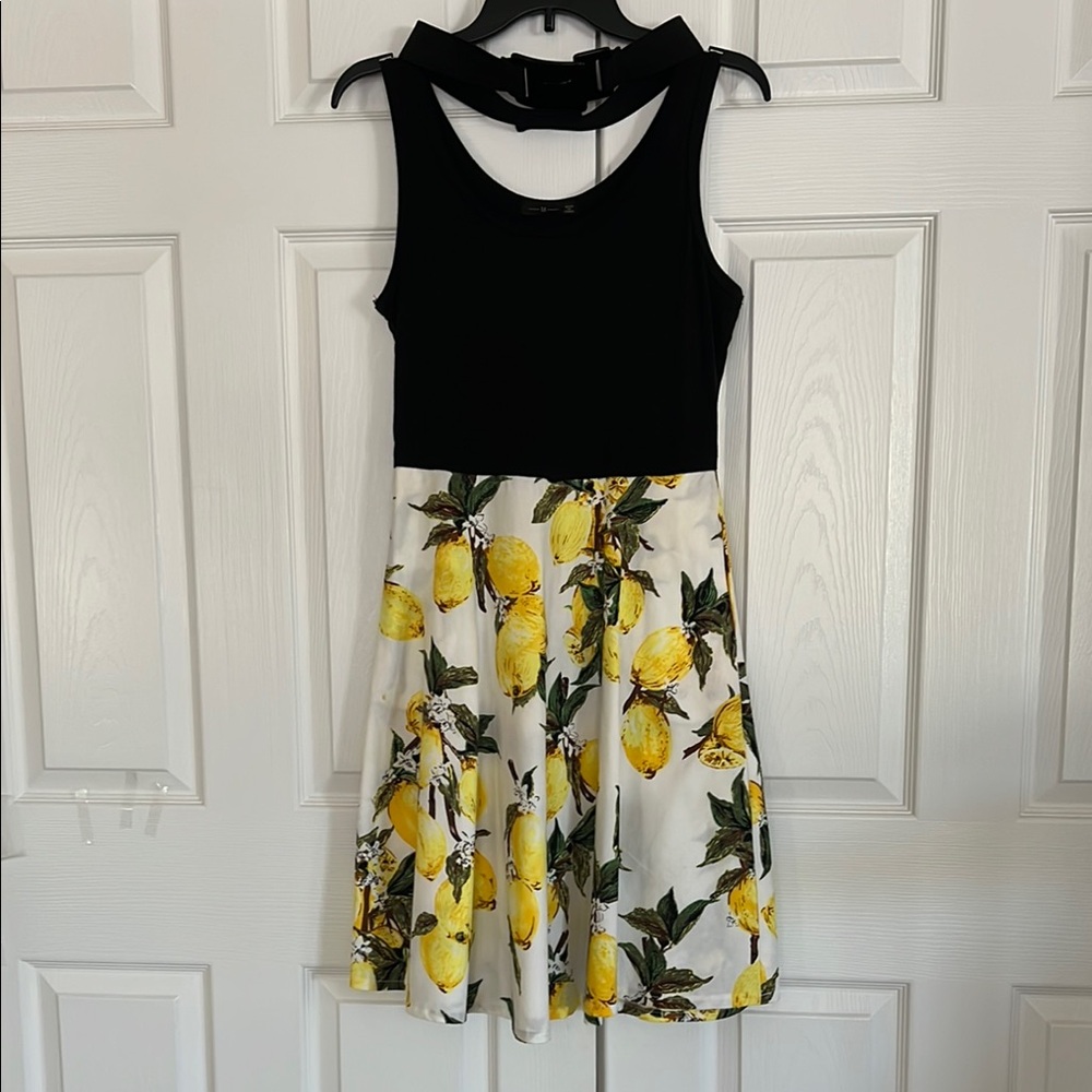 Black and Yellow Lemon Print Halter Mini Sundress